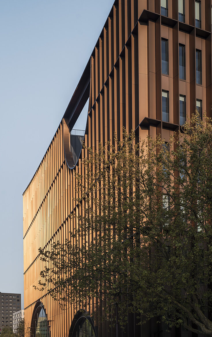 [Translate to English:] Moderne Fassade eines Gebäudes mit vertikalen Lisenen, zwei Bögen und einem Baum im Vordergrund.