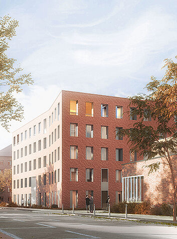 Grundsteinlegung Neue Wohn- oder Verwaltungsbauten aus rotem Ziegel entlang einer Allee mit Herbstbäumen